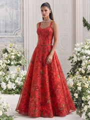 Orange Color Organza Printed Lehenga Blouse