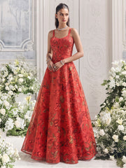 Orange Color Organza Printed Lehenga Blouse