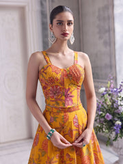 Mustard Yellow Organza Printed Lehenga Blouse