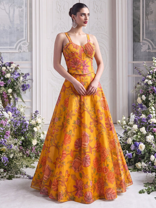 Mustard Yellow Organza Printed Lehenga Blouse