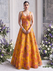 Mustard Yellow Organza Printed Lehenga Blouse