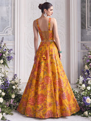 Mustard Yellow Organza Printed Lehenga Blouse