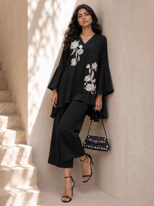 Beautiful Black Natural Crepe Indo Western Co Ords Set