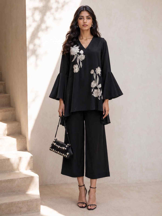 Beautiful Black Natural Crepe Indo Western Co Ords Set