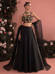 Embroidered and Plain Work Silk Readymade Lehenga Choli In Black Colour