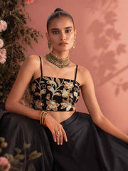 Embroidered and Plain Work Silk Readymade Lehenga Choli In Black Colour
