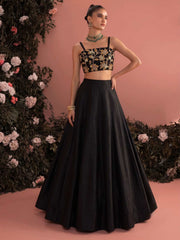 Embroidered and Plain Work Silk Readymade Lehenga Choli In Black Colour
