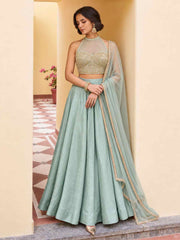 Turquoise Roman Silk Designer Lehenga And Choli