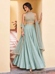 Turquoise Roman Silk Designer Lehenga And Choli