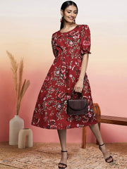 Maroon Printed Fit & Flared Midi Dress