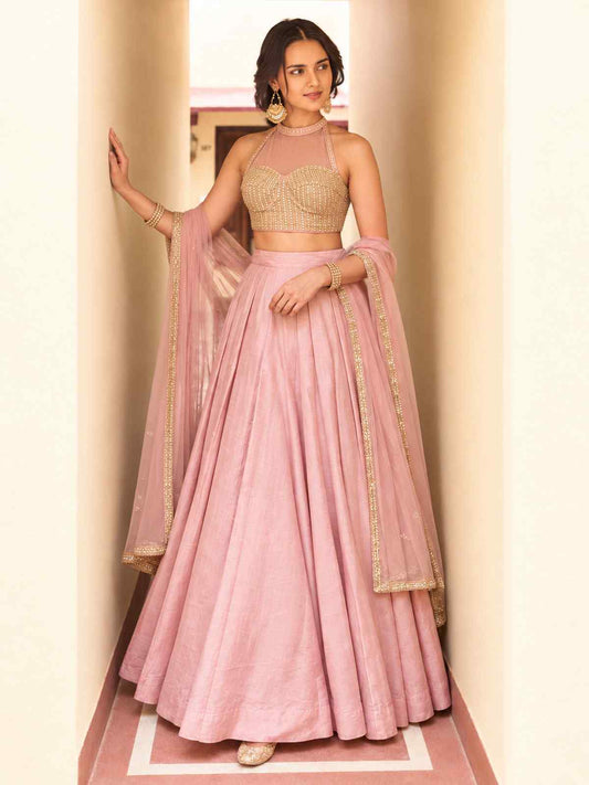 Pink Roman Silk Designer Lehenga And Choli