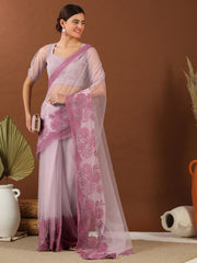 Lavender Floral Embroidered Net Saree