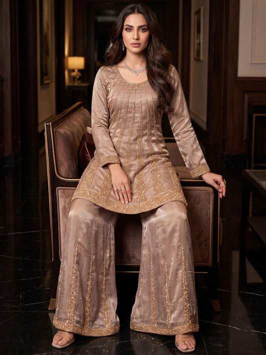 Rose Gold Handwork Embroidered Palazzo Suit