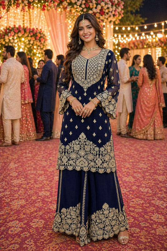 Gorgeous Navy Blue Georgette Suit Set for Wedding and Festive Wear