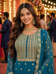 Designer Wedding Wear Teal Heavy Work Sharara Suit for Women