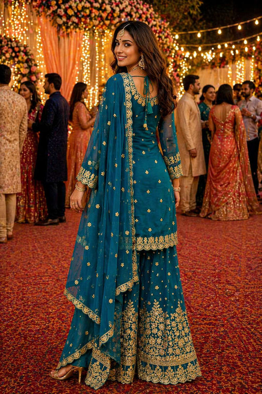 Designer Wedding Wear Teal Heavy Work Sharara Suit for Women