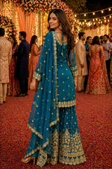 Designer Wedding Wear Teal Heavy Work Sharara Suit for Women