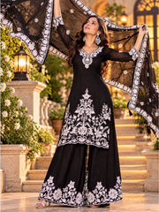 Black Chinnon Silk with Embroidery Palazzo Dress
