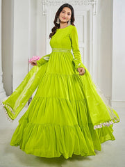 Green Gotta Patti Belted Georgette Fit & Flare Ethnic Dress & Dupatta
