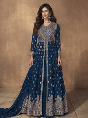 Blue Georgette Embroidered High-Slit-Style-Suit With Skirt