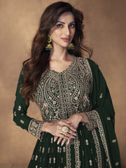 Green Georgette Embroidered High-Slit-Style-Suit With Skirt