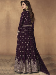Wine Georgette Embroidered High-Slit-Style-Suit With Skirt