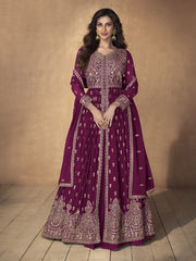 Magenta Georgette Embroidered High-Slit-Style-Suit With Skirt