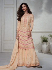 Cream Embroidered Partywear Palazzo-Suit