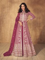 Rose Pink Slit Style Embroidered Lehenga Anarkali Suit