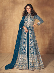 Prussian Blue Slit Style Embroidered Lehenga Anarkali Suit