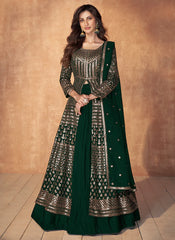 Green Sequence Embroidery Slit Style Anarkali With Lehenga