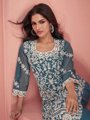 Blue Thread Embroidery Traditional Palazzo Suit