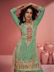 Sea Green Embroidered Partywear Palazzo-Suit