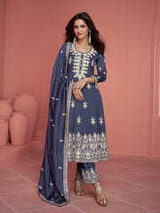 Blue Pant Style Silk Embroidered Salwar Suit