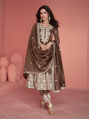 Brown Pant Style Silk Embroidered Salwar Suit
