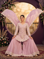 Baby Pink Chinon Ribbon Work Palazzo Suit