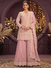 Baby Pink Chinon Ribbon Work Palazzo Suit