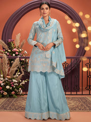 Sku Blue Chinon Ribbon Work Palazzo Suit