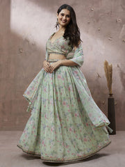 Lime Green Organza Floral Printed Semi-Stitched Lehenga choli & Dupatta
