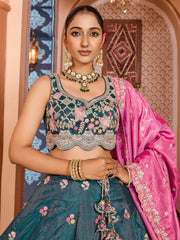 Teal  Tissue Fabric Sequins embroidery Semi Stitched Lehenga & Unstitched Blouse With Dupatta