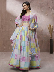 Turquoise Blue Organza Floral Printed Semi-Stitched Lehenga choli & Dupatta