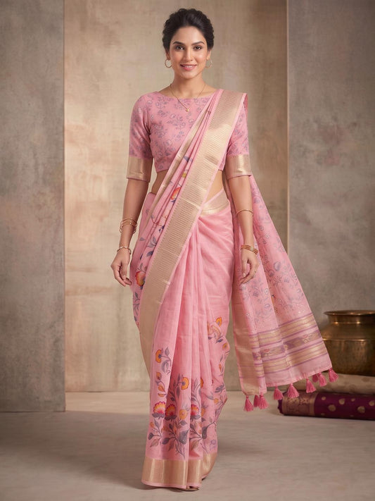 Women Floral Zari Silk Blend Saree