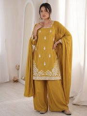 Yellow Designer Roman Silk Embroiderd Palazzo Suit