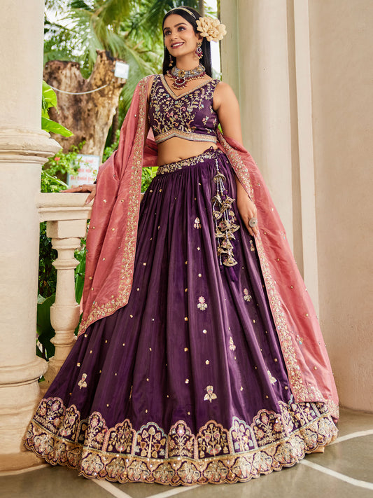 Burgundy colour Satin Sequinse embroidery Semi-Stitched Lehenga choli and Dupatta