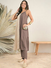 Brown & cream Colourblocked Shoulder Strap A-Line Kurta With Trousers