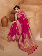 Magenta Ethnic Motif Woven Design Zari Organza Saree