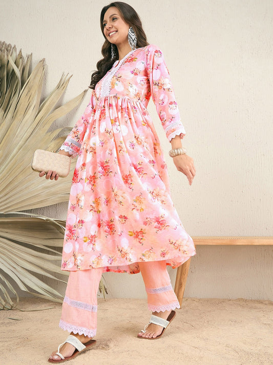 Peach & white Floral Printed Pleated Chikankari A-Line Kurta With Palazzos