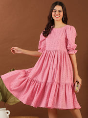 Pink Chikankari Embroidered Tiered Cotton Fit and Flare Midi Ethnic Dress