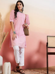 Pink & White Floral Embroidered Thread Work Pure Cotton Straight Kurta & Trouser