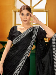 Black Embellished Sequinned Satin Saree